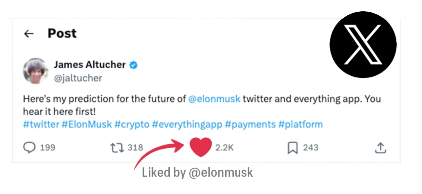 James Altucher tweet predicting the future of Elon Musk's Twitter, liked by @elonmusk