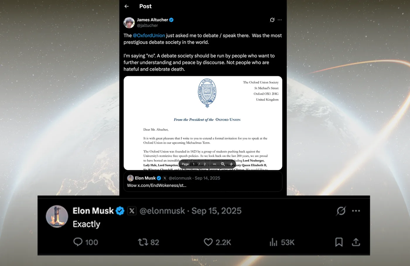 Elon Musk replies 'Exactly' to James Altucher's tweet about the Oxford Union